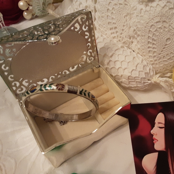 VINTAGE 925 STERLING SIAM BEAUTIFUL CLOISONNE HINGED CUFF BRACELET WITH SAFETY - Picture 13 of 16